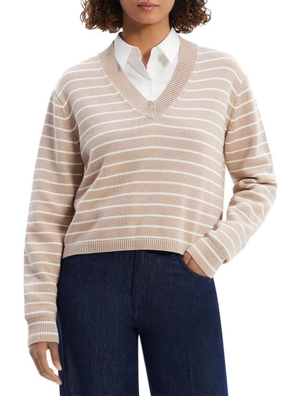 THEORY Waverly Cotton Stripe Cropped V-Neck Sweater— Womens XS